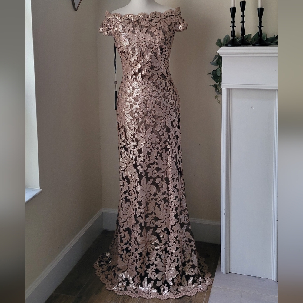 NWT Tadashi Shoji Metallic Lace Off-Shoulder Dress SZ 8 - Picture 4 of 9